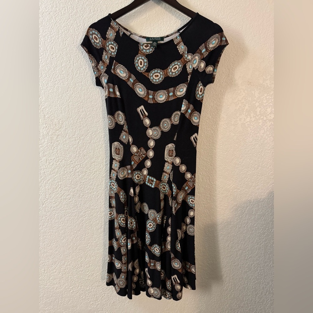 Lauren Ralph Lauren Trompe L'Oeil Concho Belt Print Dress Small